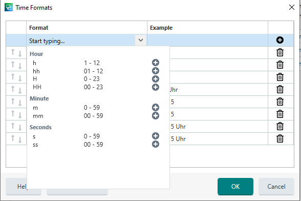 Screenshot of Time Formats dialog in Trados Studio displaying different time format options with examples, such as 'h' for 1-12 and 'hh' for 01-12.