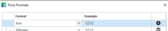 Screenshot showing the Time Formats dialog in Trados Studio with custom time format 'h:m' selected, displaying example 12:12.