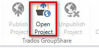 Trados Studio interface highlighting the 'Open Project' button under Trados GroupShare.