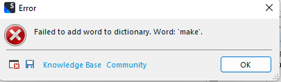Error dialog box in Trados Studio with a red cross icon, displaying the message 'Failed to add word to dictionary. Word: 'make'.' and buttons for Knowledge Base, Community, and OK.