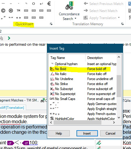 Trados Studio interface showing the QuickInsert feature with a list of formatting options, highlighting the 'No Bold' option to force bold off in the target text.