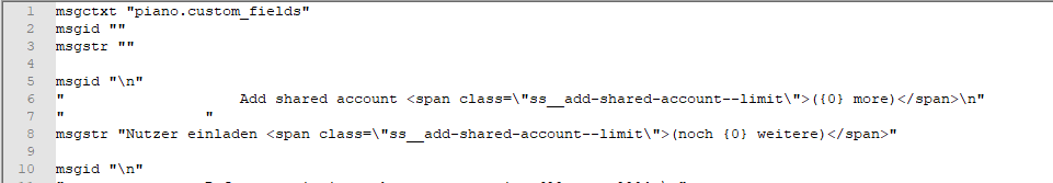 Screenshot of Trados Studio showing code with 'msgctxt' at the beginning followed by 'msgid' and 'msgstr' entries. No visible errors or warnings.