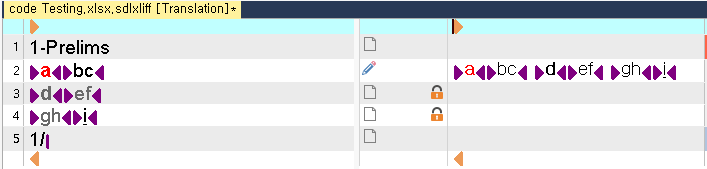 Screenshot of Trados Studio interface showing a split view with source text in the left pane and target text in the right pane. Source text includes symbols and letters in rows labeled 1 to 5. Target text shows warning symbols.