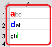 Close-up of an Excel spreadsheet with cells containing text 'abc', 'def', and 'ghi' highlighted in red, blue, and green respectively, indicating text from Trados Studio to be saved back into rows.