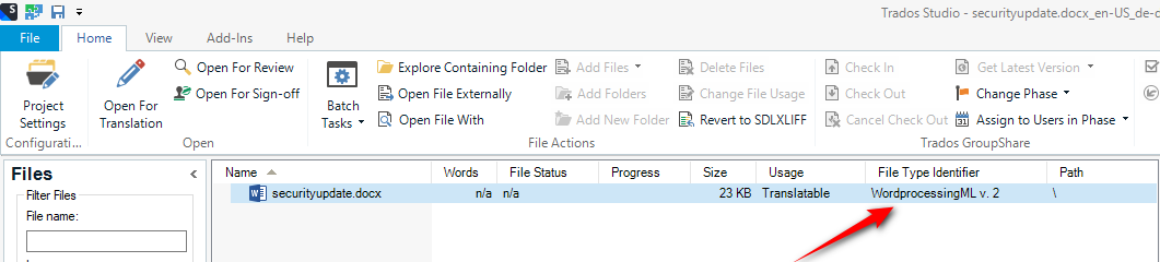 Trados Studio interface showing the Files View with a selected file named 'securityupdate.docx' marked as 'Translatable' and a file type identifier 'WordprocessingML v.2'.