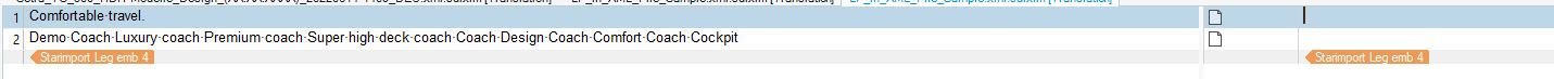 Trados Studio interface showing segments with translatable text 'Comfortable travel.' and 'Demo Coach' with a warning for 'StairImport Leg emb 4'.