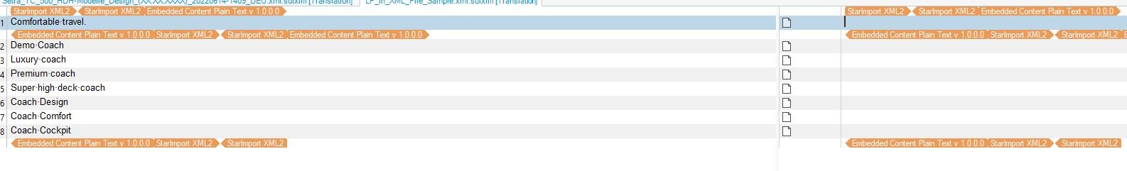 Trados Studio interface with segments listed and a warning for 'Embedded Content Plain Text v 1.0.0.0' and 'StairImport XML2'.