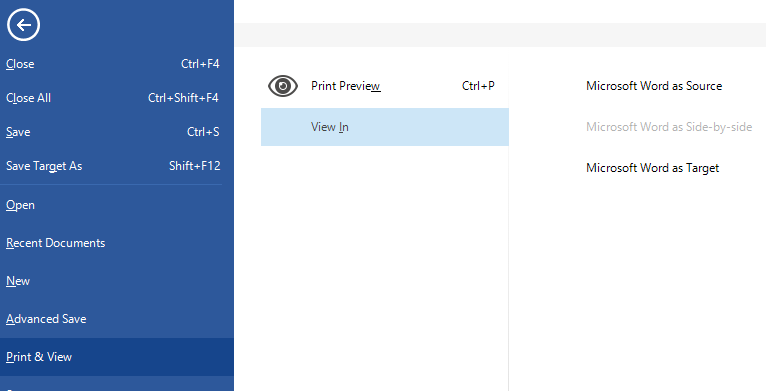 Trados Studio screenshot showing the File menu with options such as Close, Save, Open, and Print & View. The Print Preview option is highlighted.