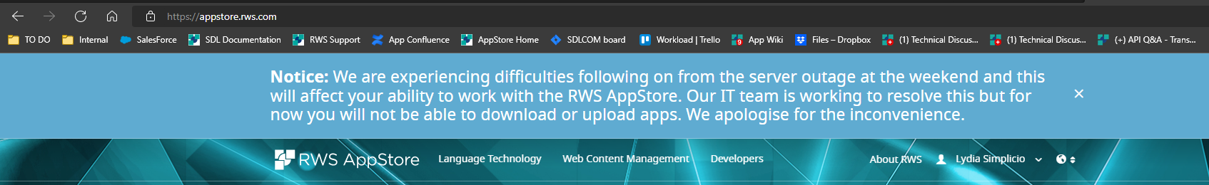 Screenshot of RWS AppStore website with a banner notice about experiencing difficulties due to a server outage affecting the ability to download or upload apps.