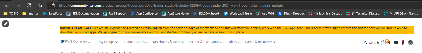 Screenshot of RWS Community website with an important message banner stating ongoing difficulties from a server outage affecting app downloads and uploads.