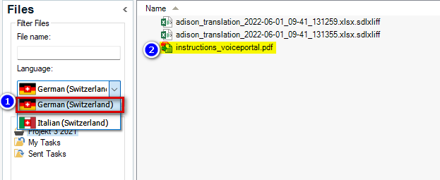 Trados Studio 'Files' view showing a list of languages with 'German (Switzerland)' highlighted and two files listed: 'adison_translation' and 'instructions_voiceportal.pdf'. Number 1 indicates the selected source language, number 2 points to the reference file.
