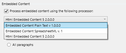 Dropdown menu for selecting embedded content processor in Trados Studio, showing options including Html Embedded Content 5.20.0.0 and Embedded Content Plain Text v 1.0.0.0.