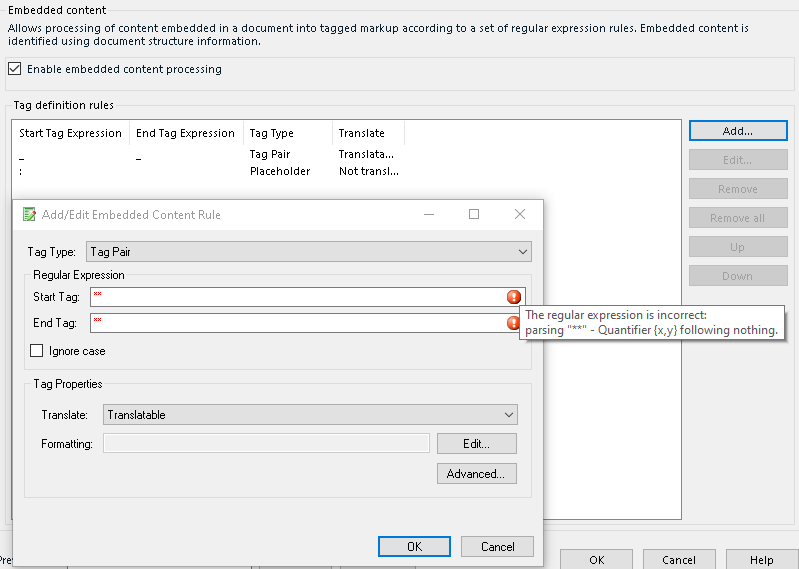Trados Studio error message indicating incorrect regular expression for bold tag definition with '**' as start and end tag.