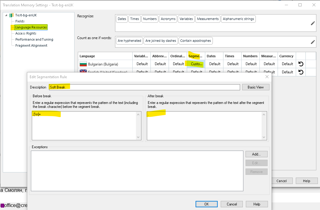 Trados Studio Translation Memory Settings showing a custom segmentation rule with a regular expression for a soft break at new lines.