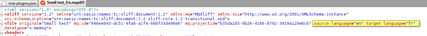Screenshot of an XML code snippet with language codes, showing source-language as 'en' and target-language as 'fr'.