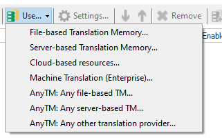 Dropdown menu in Trados Studio with options for adding translation memory and machine translation providers, including 'Cloud-based resources...'.