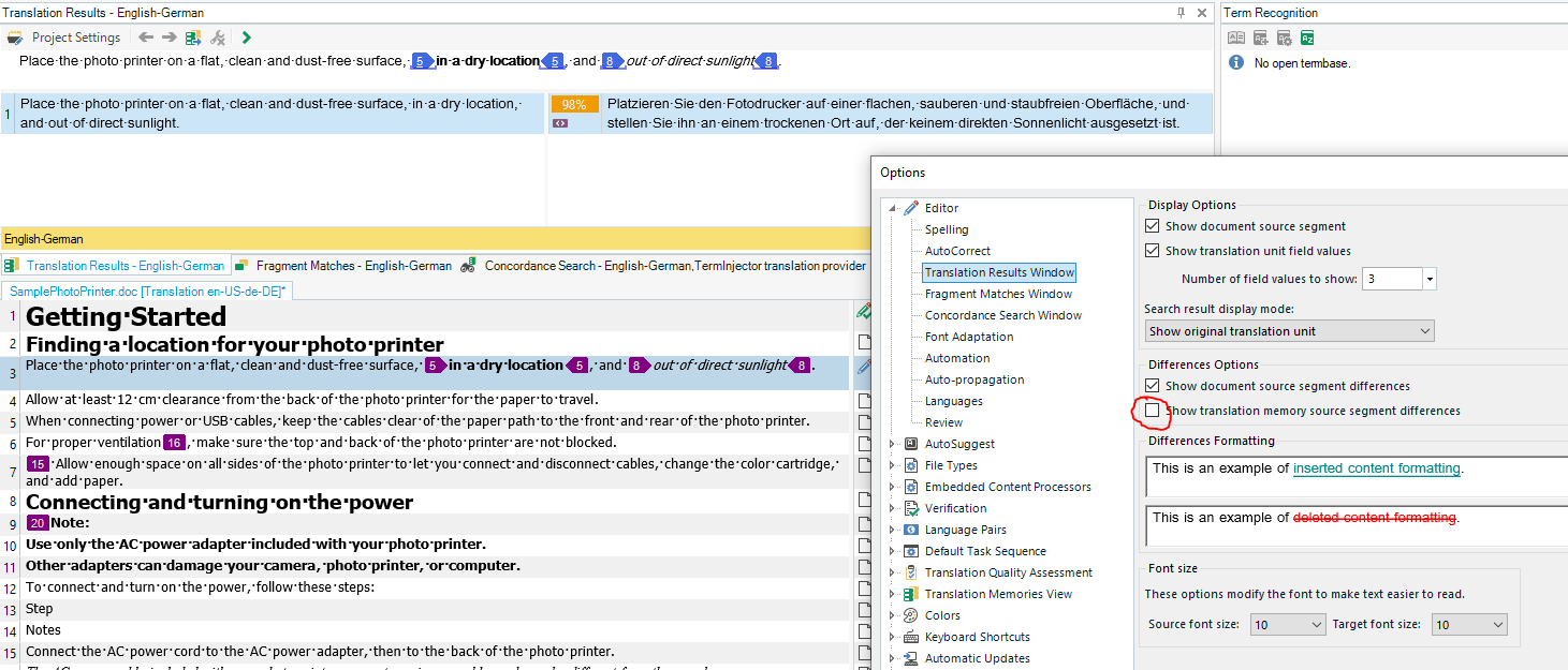 Trados Studio options menu with 'Show translation memory source segment differences' checked, highlighting inserted and deleted content formatting.