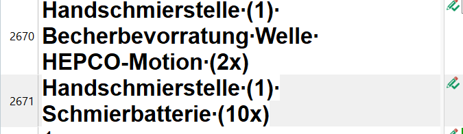 Screenshot of Trados Studio editor showing segments 2670 and 2671 without space in between. Segment 2670 ends with 'HEPCO-Motion:(2x)' and segment 2671 starts with 'Handschmierstelle:(1)'.