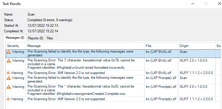 Trados Studio Task Results window showing 6 warnings related to pre-scanning errors for xlf files, including issues with file type identification and unsupported Xliff version 2.0.