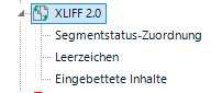 Trados Studio screenshot showing XLIFF 2.0 filetype selected under File - Options - Filetypes menu with sub-options listed below.