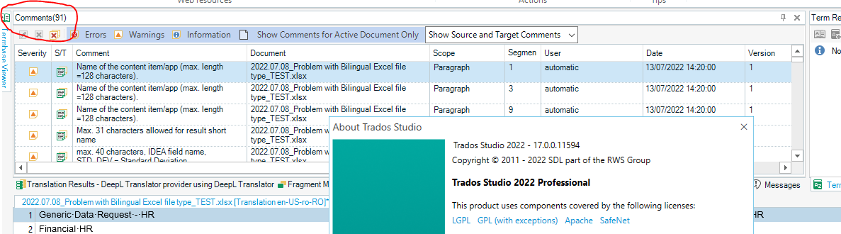 Trados Studio 2022 Professional interface showing Comments section with 91 entries and multiple error messages related to content item name length and field name STD_DEV.