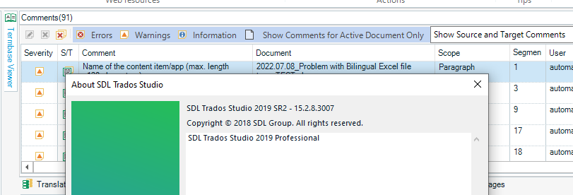 Screenshot of SDL Trados Studio 2019 with the 'About' dialog box open, comments section visible showing 91 entries, and no apparent errors or warnings.