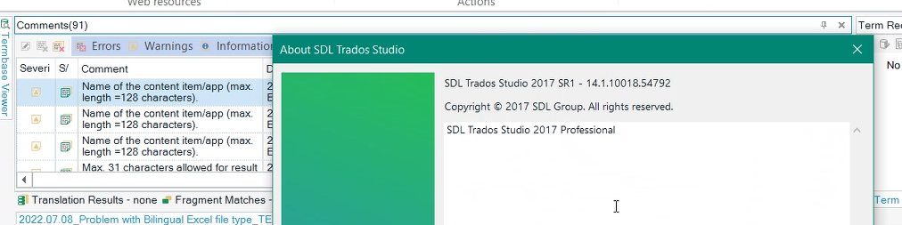 Screenshot of SDL Trados Studio 2017 showing the 'About' dialog box and a comments section with 91 entries, no visible errors or warnings.