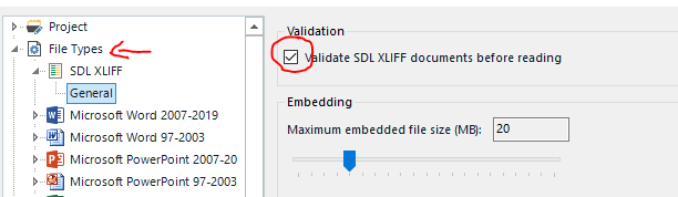 Trados Studio settings showing 'File Types' with 'SDLXLIFF' selected and 'Validate SDLXLIFF documents before reading' option checked.