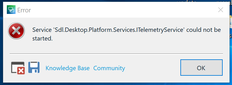 Error pop-up window in Trados Studio showing 'Service 'Sdl.Desktop.Platform.Services.ITelemetryService' could not be started.' with options for Knowledge Base, Community, and an OK button.