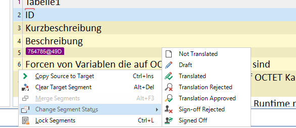 Trados Studio interface showing a right-click context menu with options such as Copy Source to Target, Clear Target Segment, Merge Segments, Change Segment Status, and Lock Segments. Segment number 5 is highlighted.