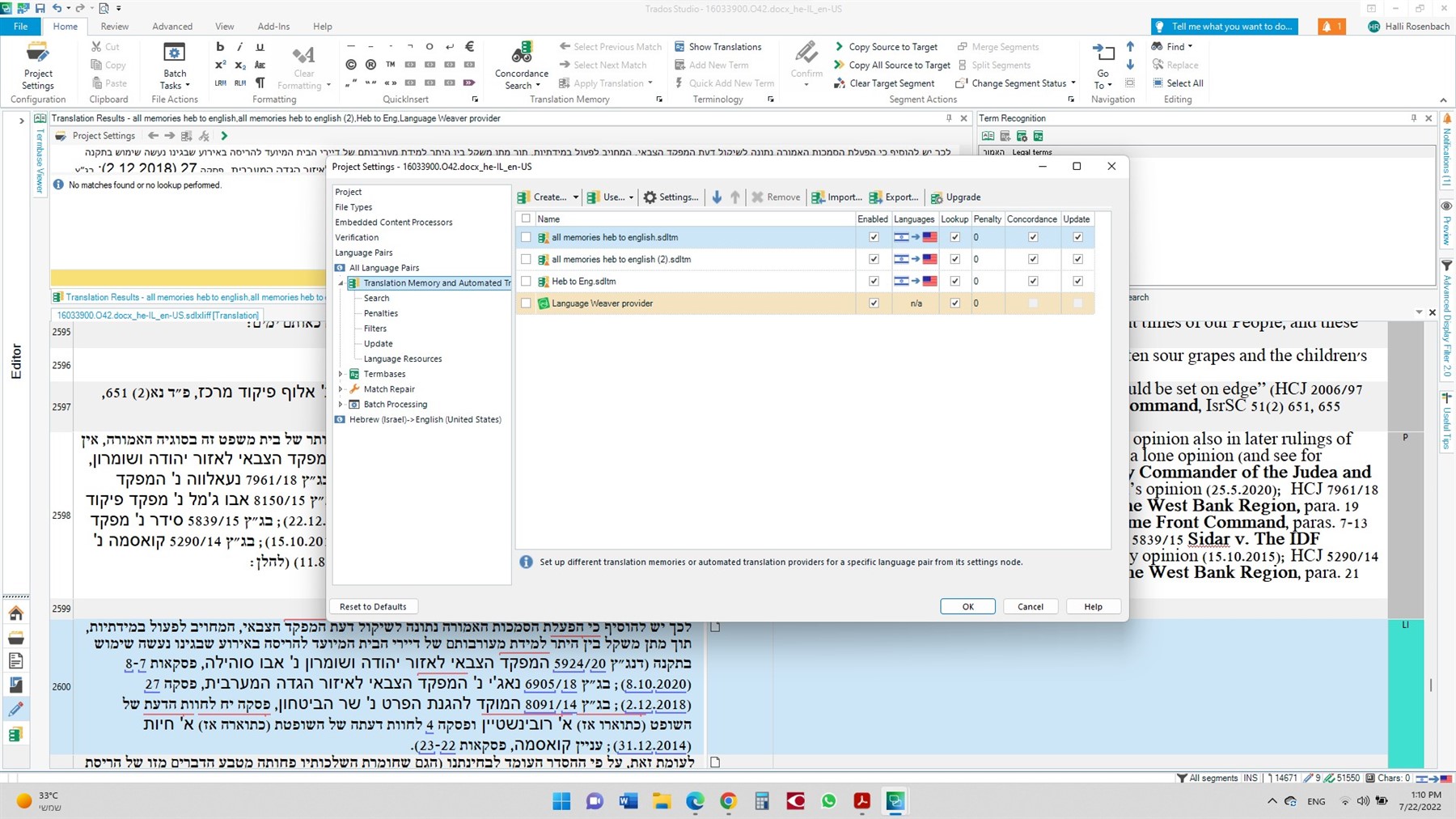 Screenshot of Trados Studio Translation Memory and Automated Translation settings with 'all memories heb to english.sdltm', 'all memories heb to english (2).sdltm', 'Heb to Eng.sdltm', and 'Language Weaver provider' listed.