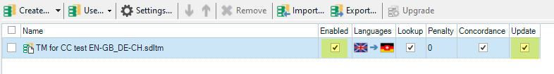 Screenshot of Trados Studio showing a Translation Memory (TM) named 'TM for CC test EN-GB-DE-CH.sdltm' with checkboxes. Two checkboxes highlighted in yellow indicate TM is enabled and set to update on segment confirmation.