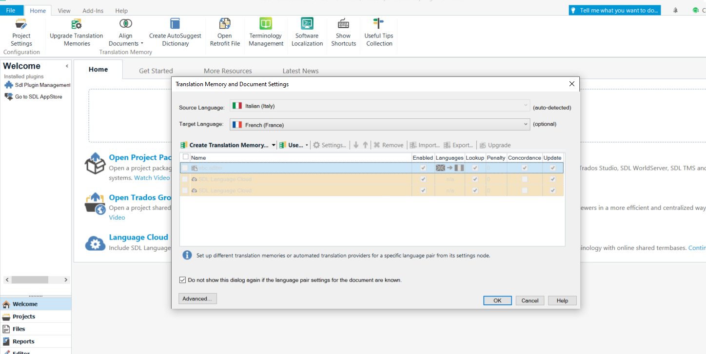 Trados Studio screenshot showing Translation Memory and Document Settings dialog with Source Language set to Italian (Italy) and Target Language set to French (France). No translation memories available.