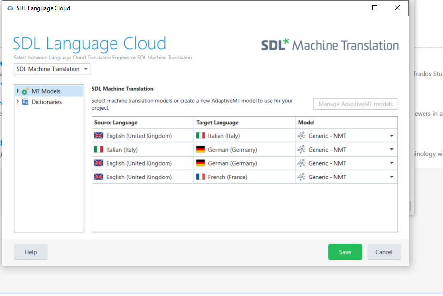 SDL Language Cloud dialog in Trados Studio displaying available machine translation models for English to Italian, Italian to German, and English to French language pairs.
