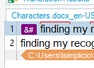 Trados Studio screenshot showing an error icon next to the file 'Characters.docx_en-US' with the message 'finding my r'.