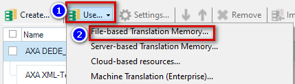 Trados Studio project settings window with 'Create' and 'Use' buttons highlighted. Dropdown menu showing 'File-based Translation Memory' option selected.