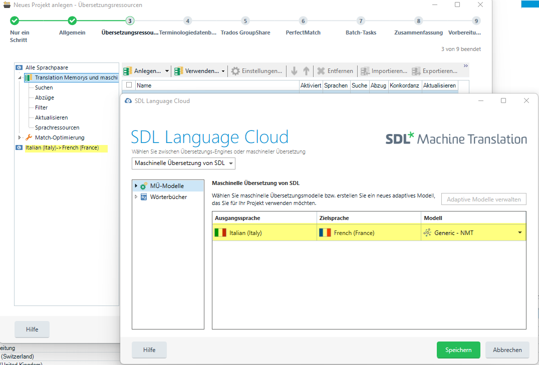 Trados Studio project setup screen showing 'Translation Memory and Machine Translation' tab with 'SDL Language Cloud' selected and Italian to French language pair highlighted.