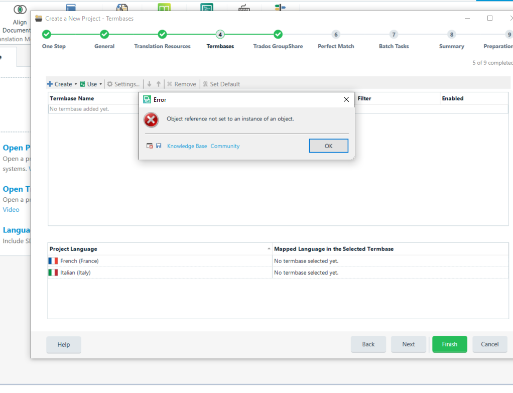 Error message in Trados Studio 'Object reference not set to an instance of an object' with no termbase added and project languages set to French and Italian.