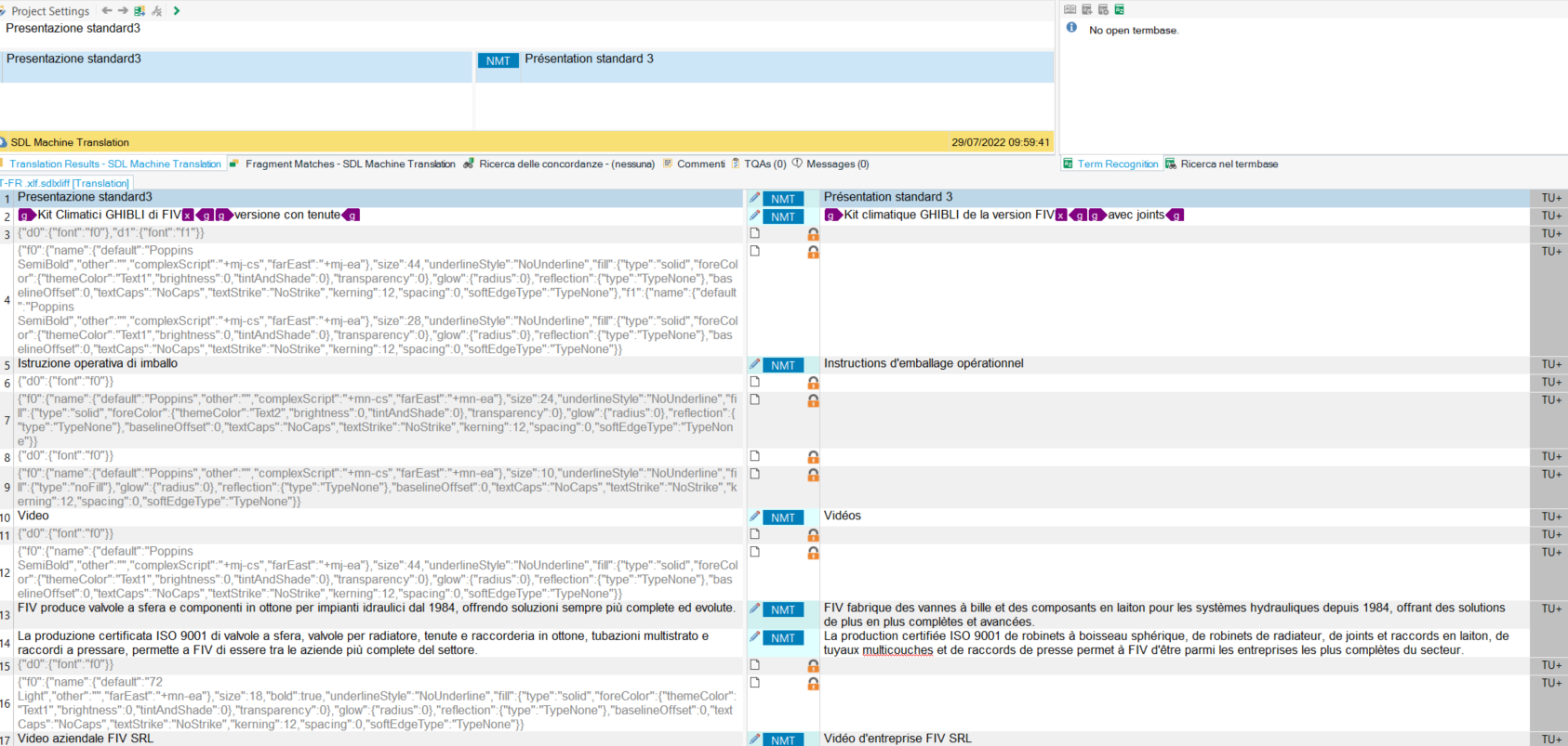 Screenshot of Trados Studio interface showing a translation project with multiple segments. The segment in focus has a warning symbol indicating an issue with the translation. The right panel displays 'No open termbase' message.