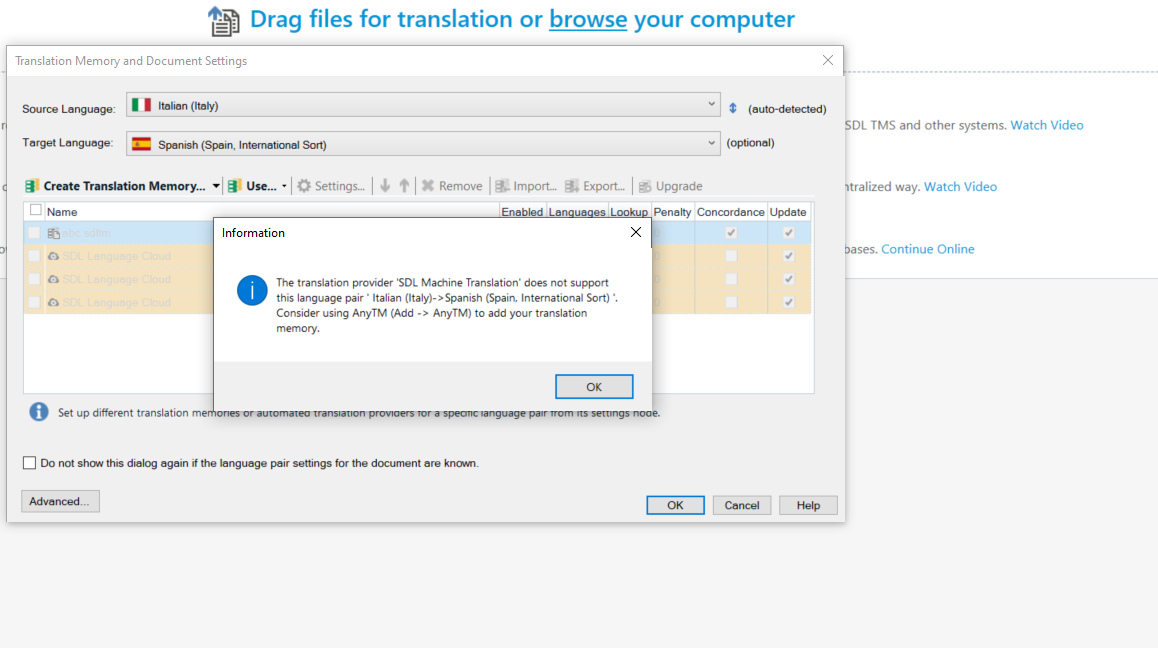 Trados Studio error message stating 'The translation provider 'SDL Machine Translation' does not support this language pair 'Italian (Italy) -> Spanish (Spain, International Sort)'. Consider using AnyTM (Add -> AnyTM) to add your translation memory.'