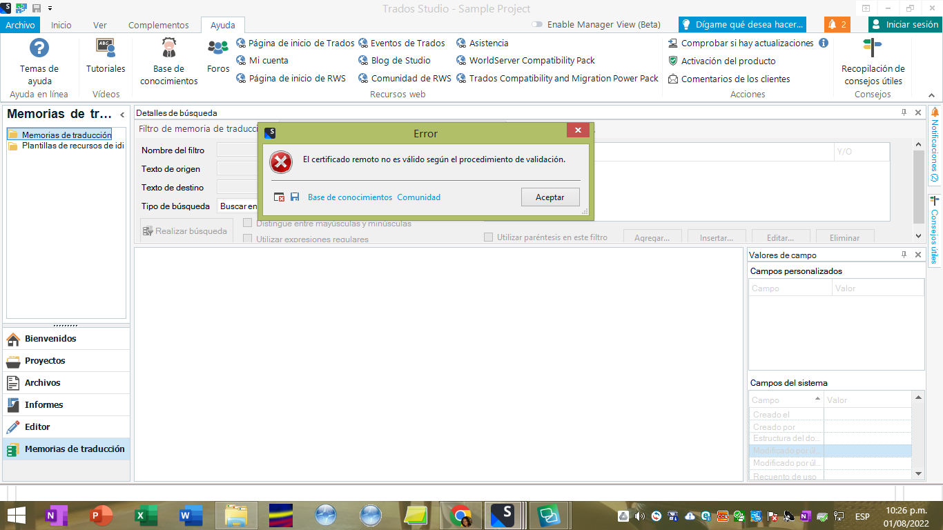 Trados Studio error message pop-up saying 'The remote certificate is not valid according to the validation procedure.' with an accept button.