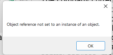 Error dialog box in Trados Studio with the message 'Object reference not set to an instance of an object.' and an OK button.