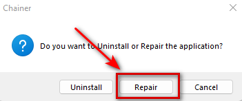 Dialog box asking 'Do you want to Uninstall or Repair the application?' with an arrow pointing to the 'Repair' button.
