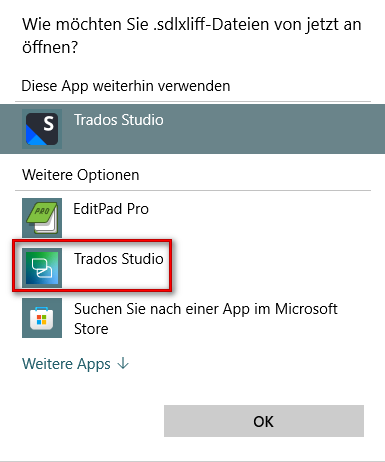 Open with selection window with Trados Studio 2021 icon highlighted in green among other application options.