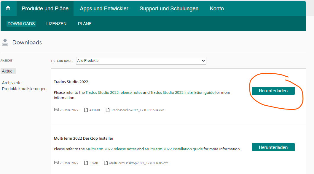 Screenshot of Trados Studio download page, highlighting the 'Download' button for Trados Studio 2022 with file size 411MB and release date 25-May-2022.