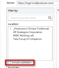 Trados Studio screenshot showing the server address and a list of locations with the 'Include subfolders' option unchecked.