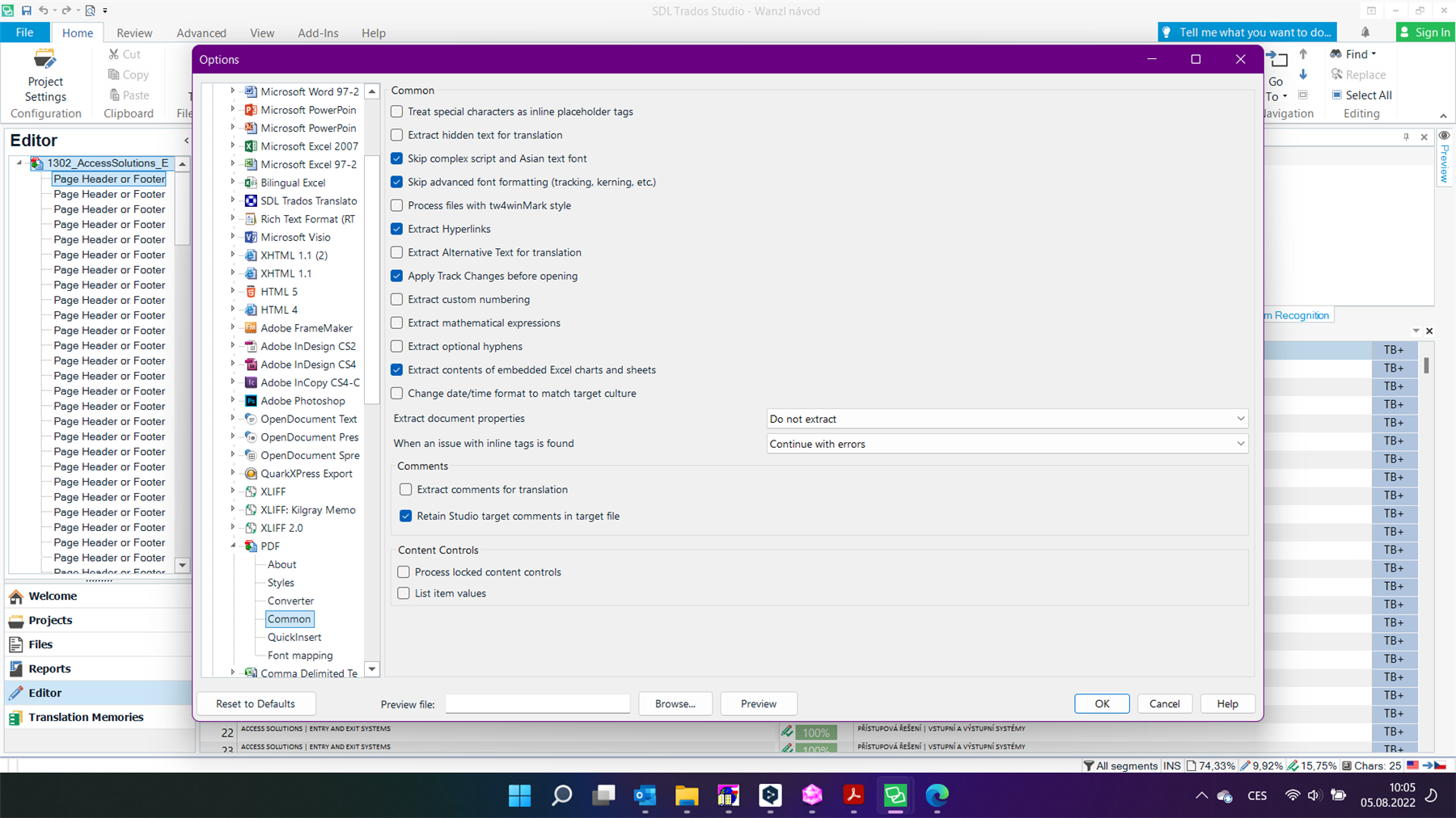 Screenshot of Trados Studio options menu with various settings for file types and translation memory. No visible errors or warnings.