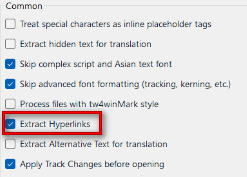 Trados Studio settings window showing 'Common' options with 'Extract Hyperlinks' checked.