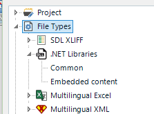 Trados Studio screenshot showing the Project view with File Types expanded, displaying options such as SDL XLIFF, .NET Libraries, Common, Embedded content, Multilingual Excel, and Multilingual XML.