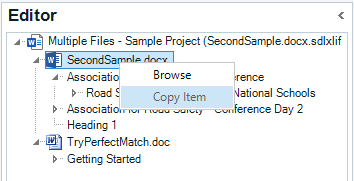 Trados Studio editor navigation view showing a right-click context menu with options 'Browse' and 'Copy Item' for the file 'SecondSample.docx'.